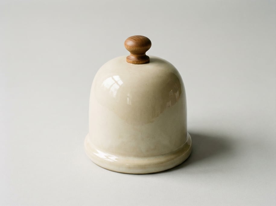 Ceramic butter bell crock in glossy cream stoneware with a water-seal base, domed lid