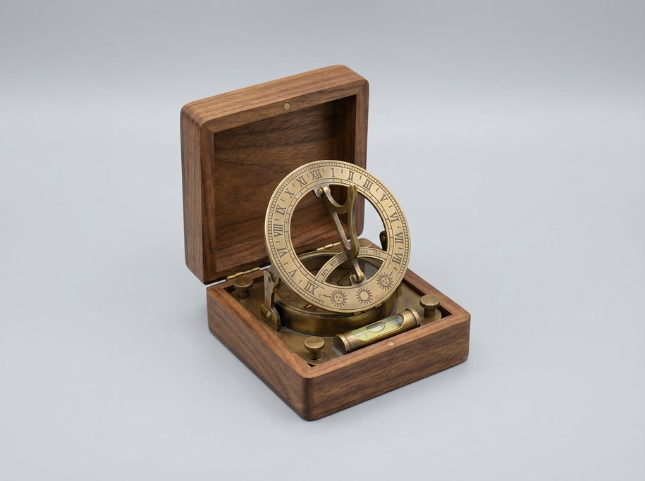 Brass sundial compass in a hinged walnut case with an engraved hour ring, gnomon shadow caster