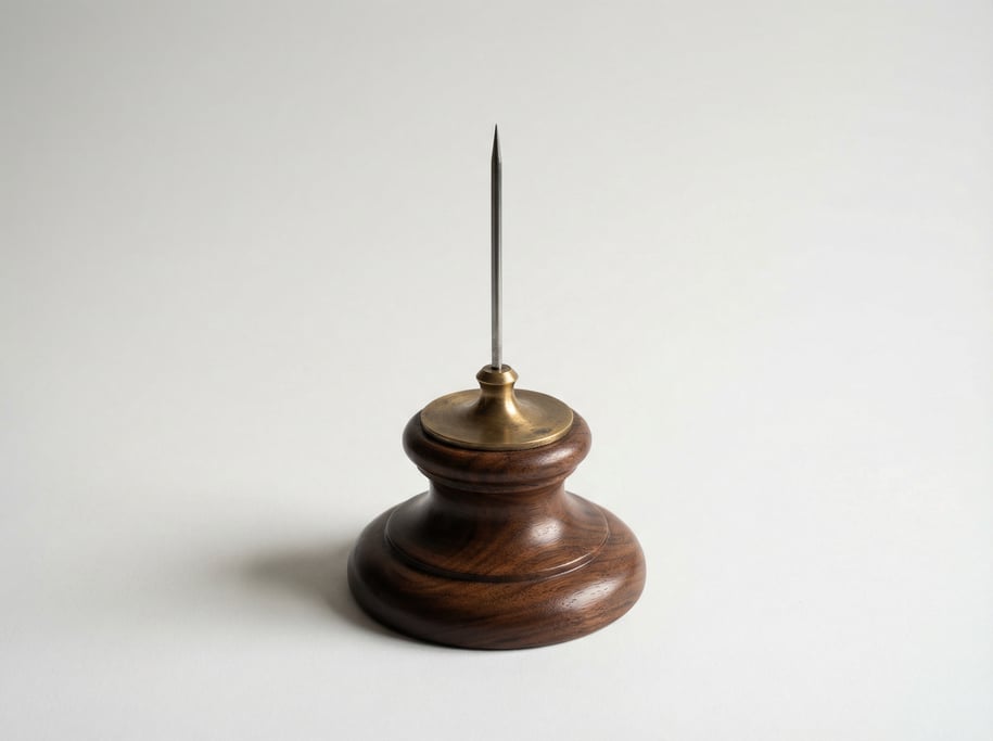 Weighted brass paper spike on a round wooden base with a sharp vertical steel needle and a turned wa