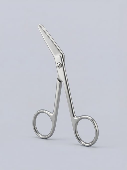 Stainless steel medical scissors with angled blades, polished ring handles