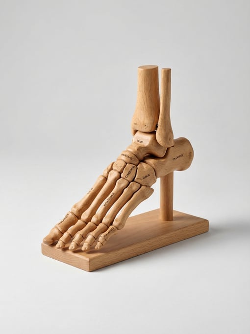 Wooden anatomical foot model on a display stand with labeled bone structure, jointed ankle