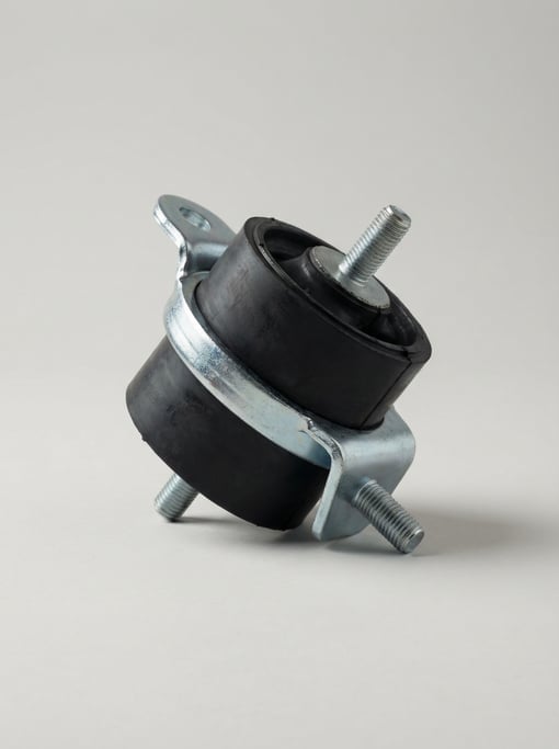 Rubber and steel engine mount isolator with a cylindrical bonded rubber body, threaded studs