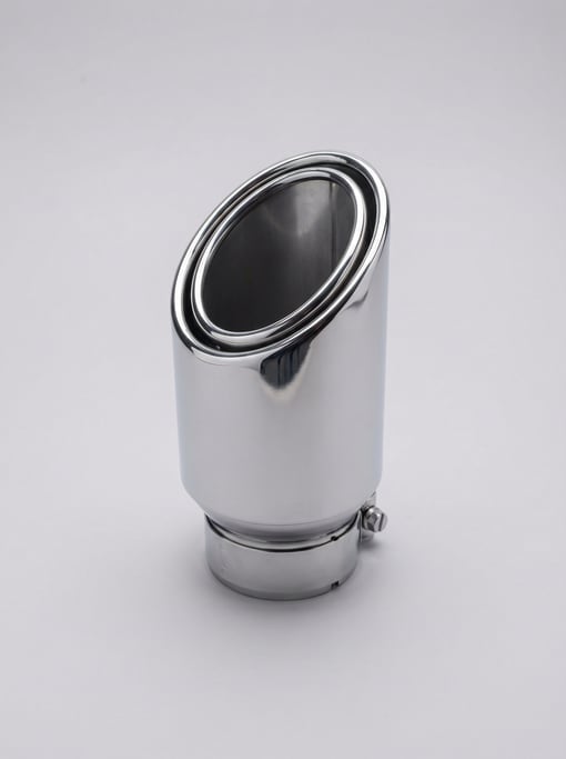 Polished chrome exhaust tip with a rolled slash-cut opening, double-wall construction