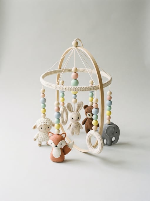 Crocheted baby mobile ring with hanging felt animals in pastel colors, wooden beads