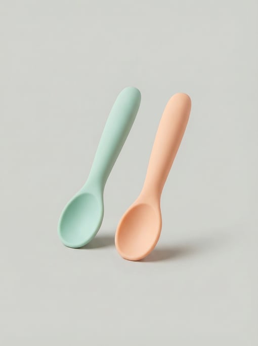 Silicone baby spoon set in soft mint green and peach with rounded bowls, short chubby handles