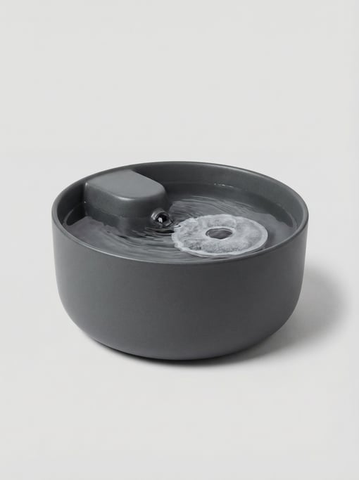 Ceramic pet water fountain bowl in matte charcoal grey with a quiet circulating pump