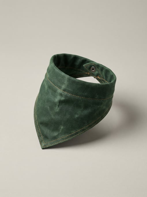 Waxed canvas dog bandana in forest green with a snap closure, contrast tan stitching