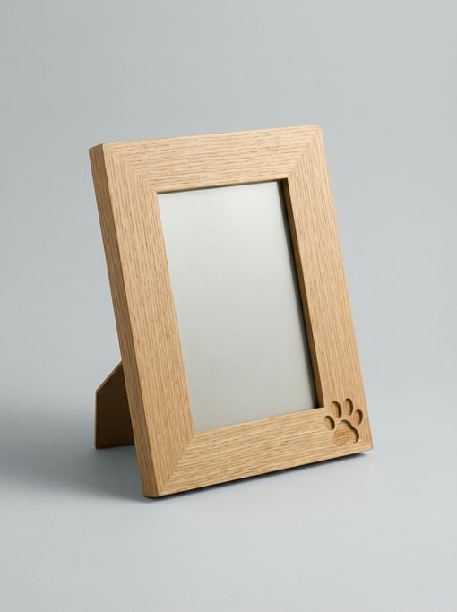 Wooden pet memorial photo frame in light oak with a carved paw print detail, an easel back