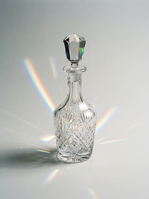 Crystal perfume flacon in cut glass with a faceted stopper, a narrow tapered neck