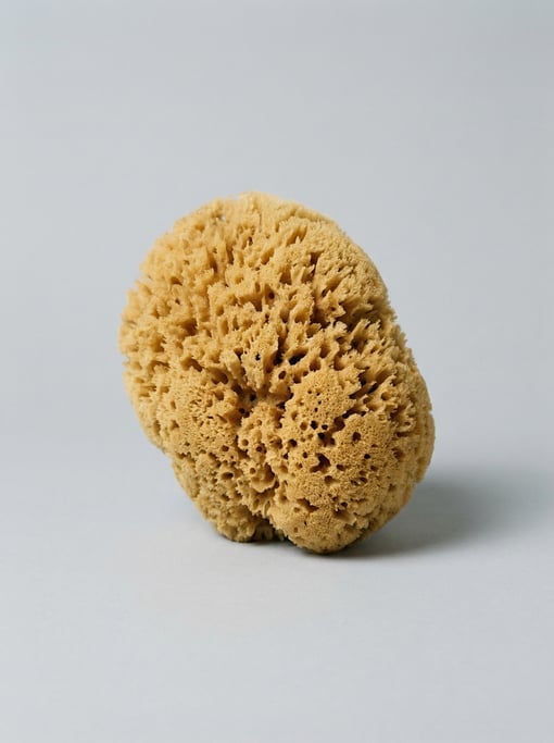 Natural sea sponge in warm golden tan with an organic porous texture, irregular rounded shape
