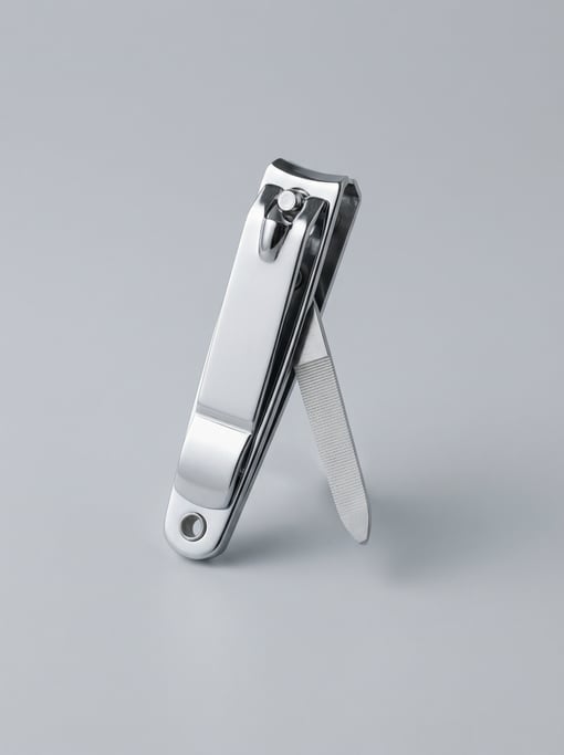 Stainless steel nail clippers in polished chrome with a curved cutting head, lever mechanism