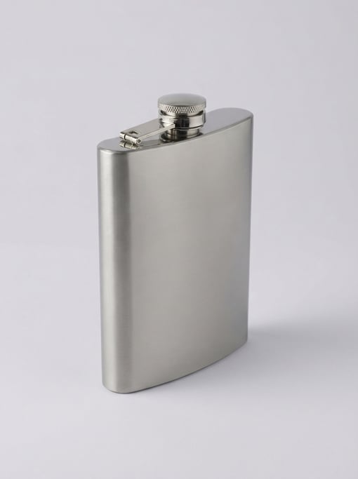 Stainless steel pocket flask in brushed silver with a captive hinged screw cap