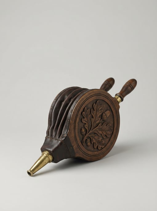 Wooden fire bellows with leather accordion pleats, brass nozzle tip, turned handles