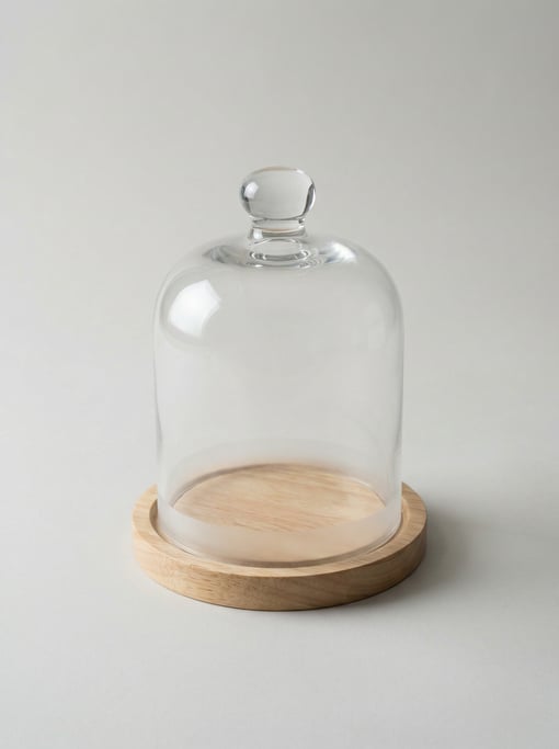 Glass bell jar cloche in thick clear borosilicate with a ground-glass rim, a knob handle top