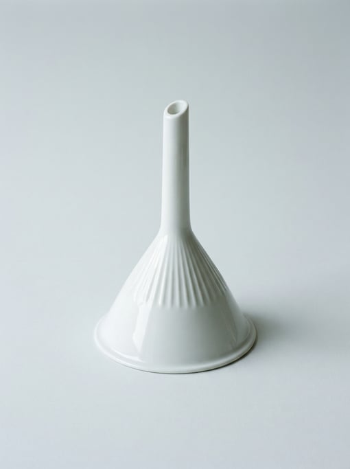 Porcelain laboratory funnel in glossy white with a ribbed interior, a long stem