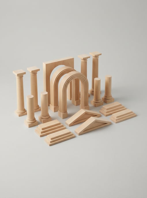 Wooden architectural model block set with miniature columns, arches, pediments