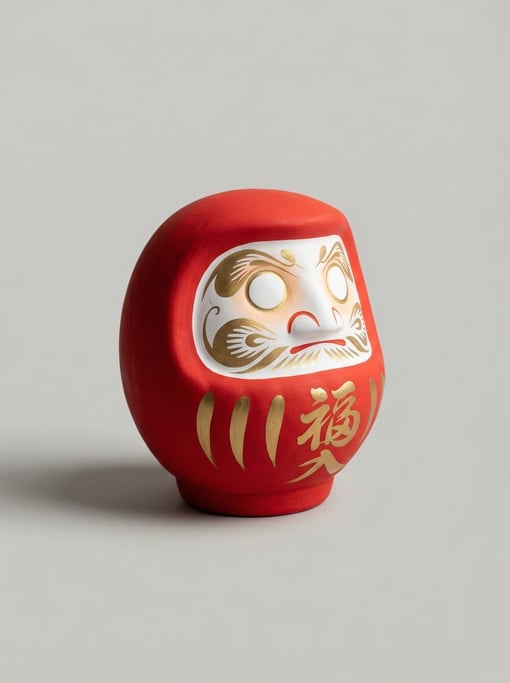 Ceramic Japanese daruma doll in traditional red with a rounded shape, painted white face