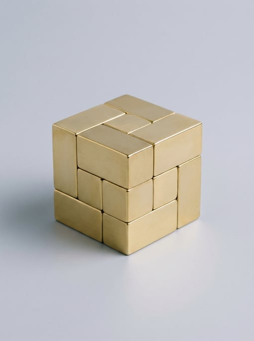 Brass Soma cube puzzle with seven polished interlocking pieces that assemble into a perfect cube for