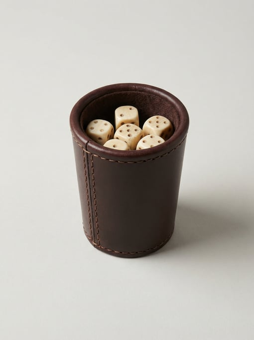 Hand-stitched leather dice cup in dark brown with a felt-lined interior, rolled rim