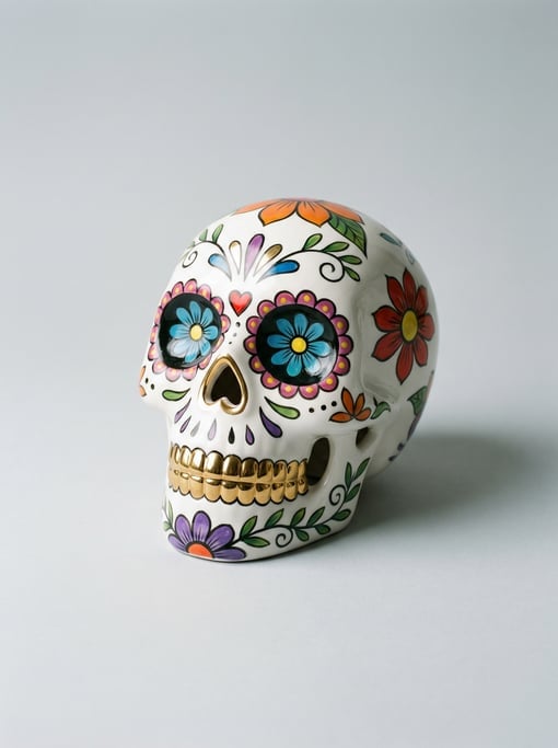 Ceramic Day of the Dead sugar skull in white with colorful hand-painted floral eyes, a heart nose