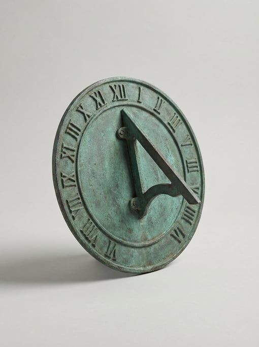 Cast iron garden sundial plate in verdigris green patina with engraved Roman numeral hour lines and