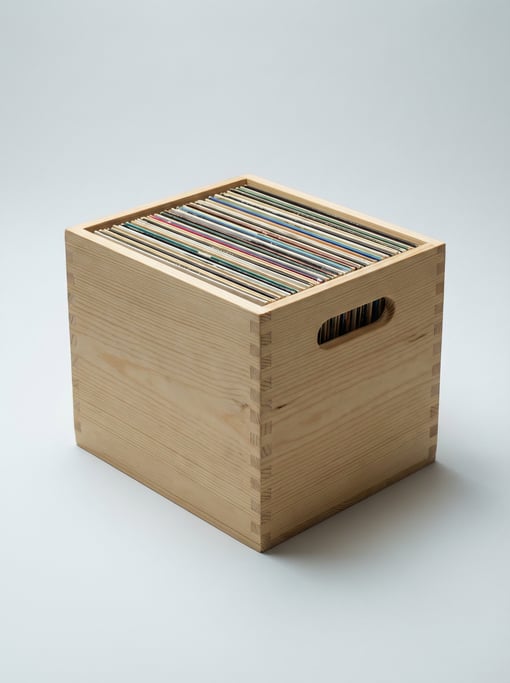 Wooden record crate in unfinished pine with dovetail corner joints, cut-out side handles