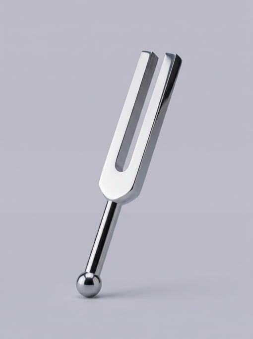 Chrome tuning fork in polished steel with a two-pronged vibrating head, cylindrical stem