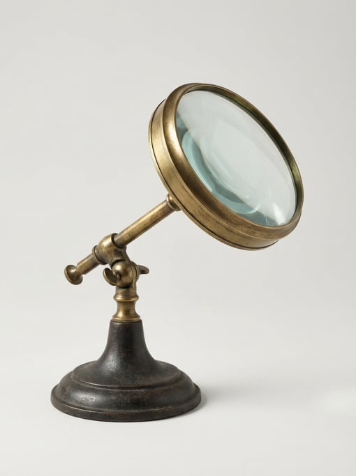 Vintage magnifying glass on a brass articulating arm stand with a heavy cast iron base and a large c