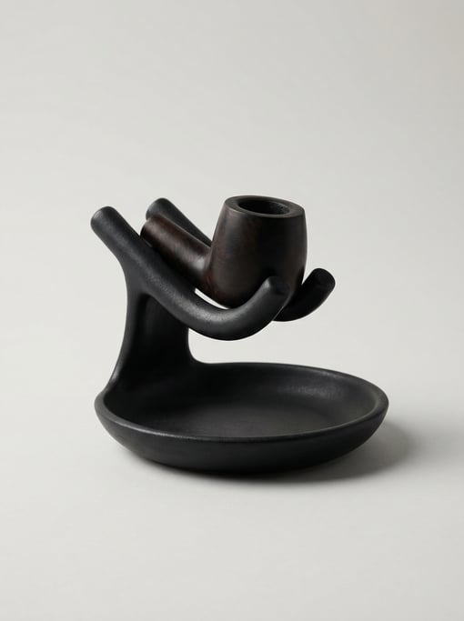 Ceramic pipe rest stand in matte black stoneware with two curved cradle arms and a circular ash-catc