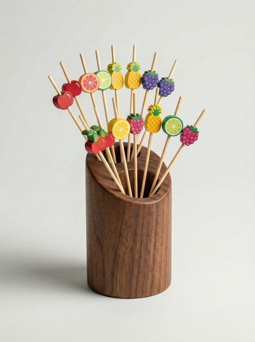 Wooden cocktail pick holder in turned walnut with a tiered display of bamboo picks topped with decor