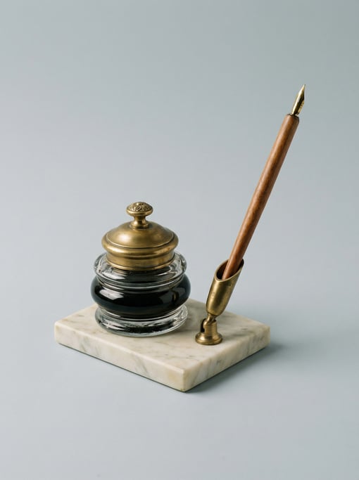 Brass pen nib holder and inkwell set on a marble tray base with a turned glass ink reservoir and fit