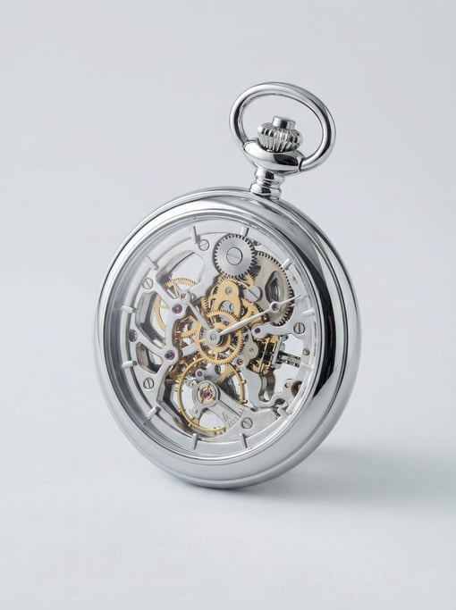 Skeleton pocket watch in polished chrome with visible escapement gear train through open-worked dial