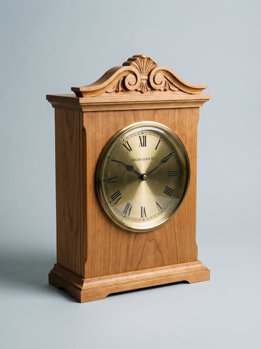 Wooden desk clock in natural cherry with a round brass face insert, beveled glass crystal