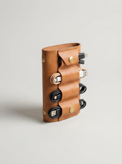 Leather cable organizer in tan vegetable-tanned cowhide with brass snap buttons and multiple cord wr
