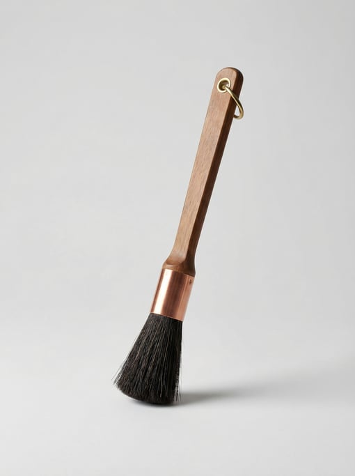 Copper and horsehair counter brush with a long flat handle, dense natural bristle sweep