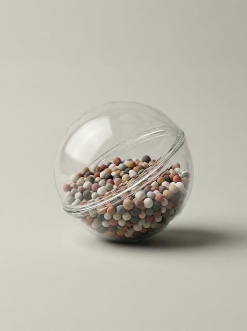 Glass laundry wash ball filled with ceramic bio-pellets in a translucent sphere with a twist-open eq