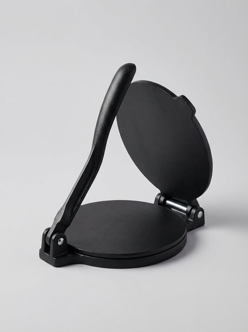 Cast iron tortilla press in matte black with a lever handle, two flat round plates