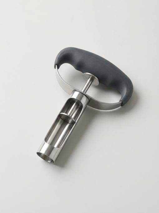 Stainless steel apple corer with a circular cutting ring, push-through plunger