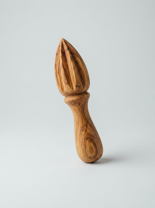 Wooden citrus reamer in natural olive wood with a deeply grooved conical head and a turned ergonomic