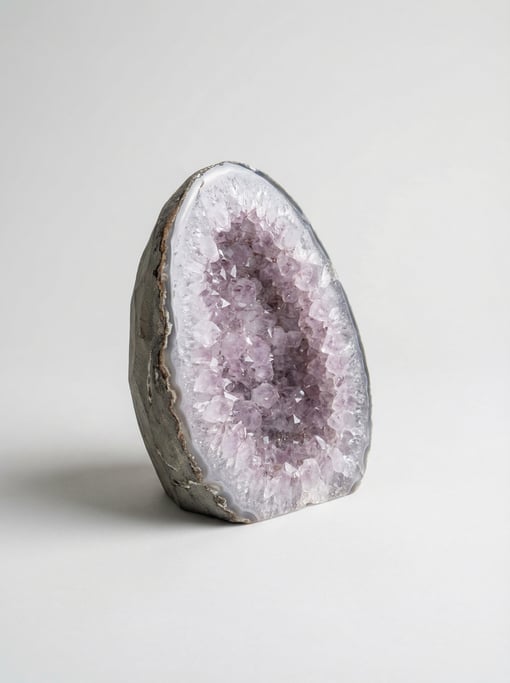 Natural geode half in pale purple amethyst crystals with a rough grey agate exterior shell and a pol