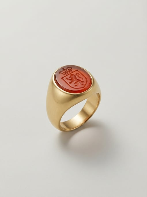 Gold signet ring with an oval carnelian intaglio seal stone carved with a heraldic crest and set in