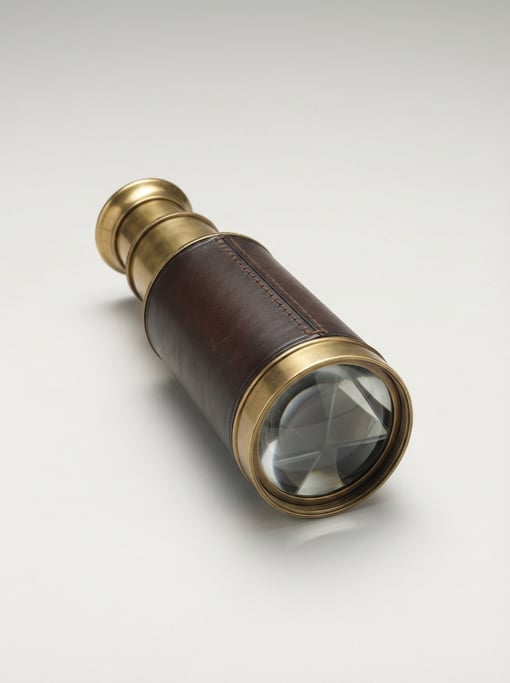 Brass teleidoscope tube with a clear glass marble lens end, leather-wrapped body