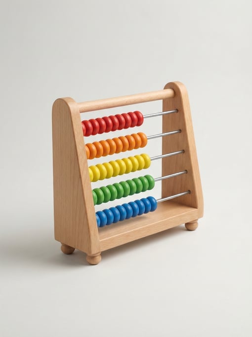 Wooden abacus toy with five rows of colorful painted beads on steel rods in a natural beech frame wi