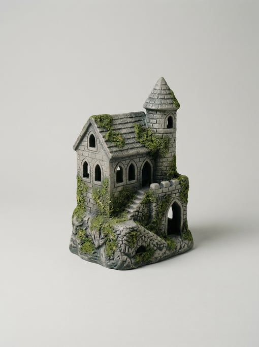 Ceramic aquarium decoration castle in grey stoneware with arched windows, a turret tower