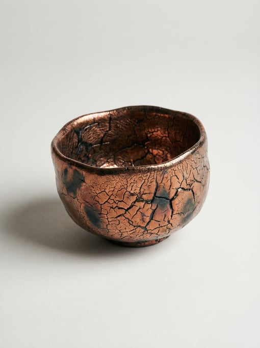 Raku-fired ceramic tea bowl in metallic copper and black crackle glaze with an irregular organic rim
