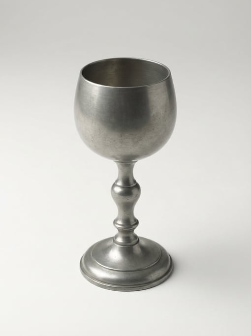 Pewter wine goblet with a turned stem, wide cup bowl, decorative knop detail