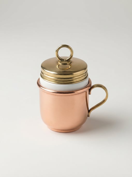 Copper egg coddler with a porcelain interior cup, brass screw-top lid, lifting ring handle
