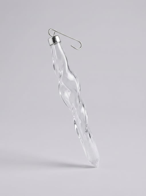 Hand-blown glass icicle ornament in clear crystal with an internal twist spiral, a frosted tip