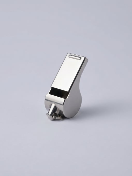 Titanium whistle in polished silver with a flat pea-less design, split ring attachment hole