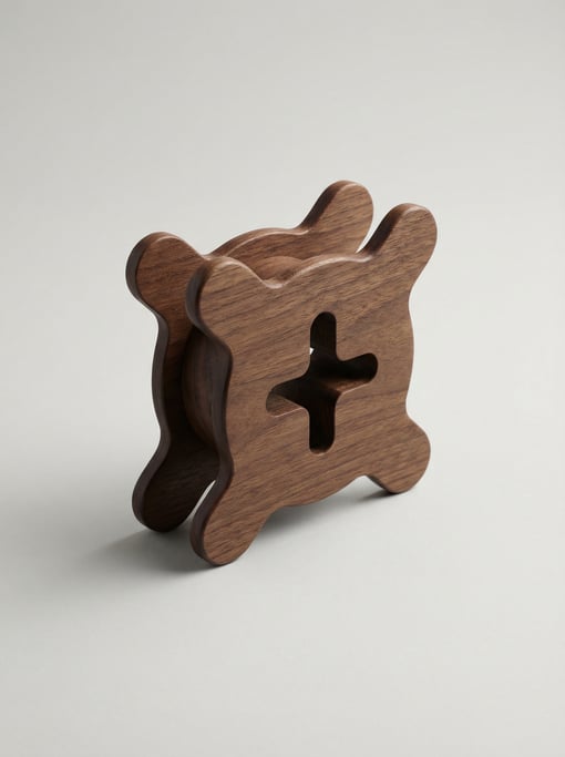 Wooden cable winder spool in natural walnut with a cross-shaped center and rounded wings for headpho